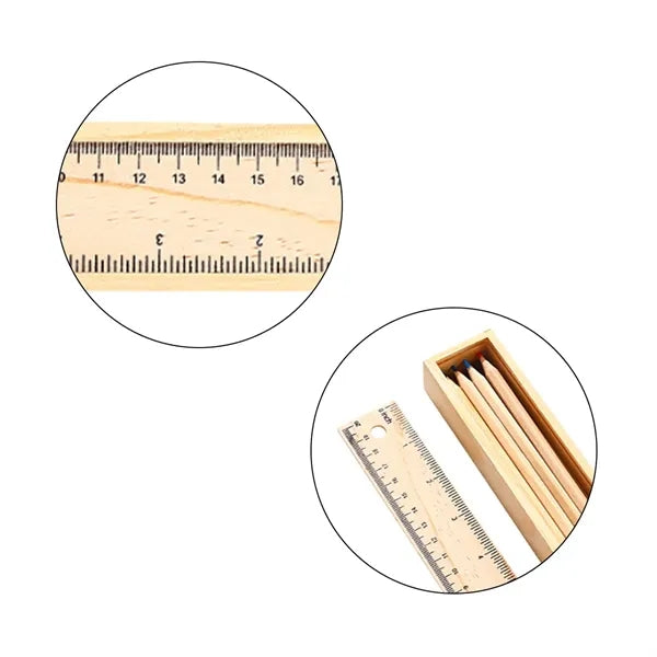 Wooden Ruler Pencil-Box With 12 Colored Pencils