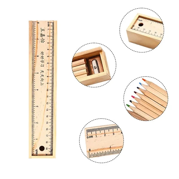 Wooden Ruler Pencil-Box With 12 Colored Pencils