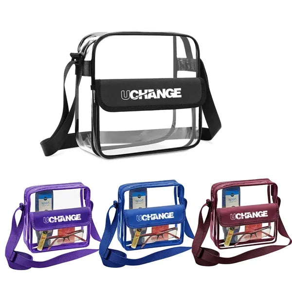 8L Clear PVC Shoulder Bag W/ Flap Closure Adjustable Strap