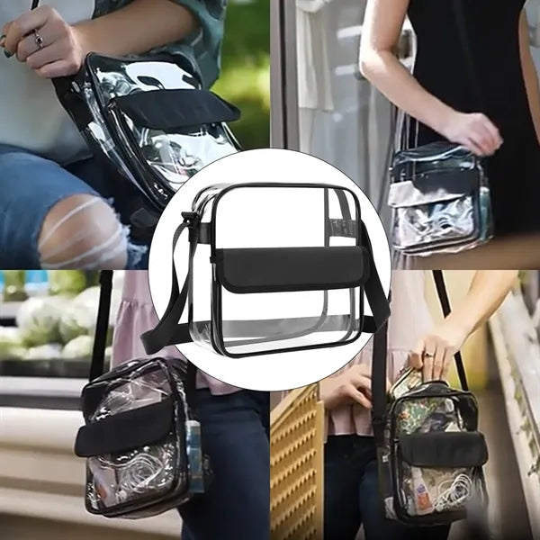 8L Clear PVC Shoulder Bag W/ Flap Closure Adjustable Strap