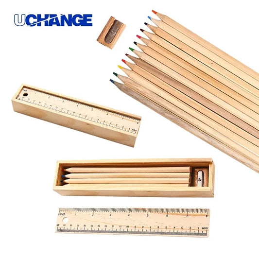 Wooden Ruler Pencil-Box With 12 Colored Pencils