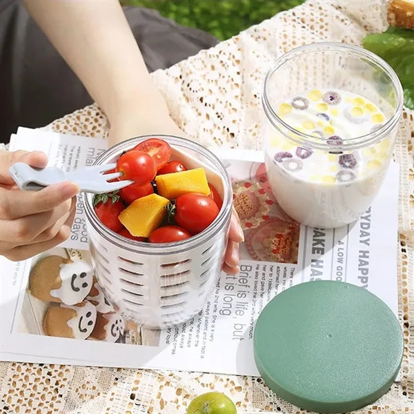 Portable Sealed Double Layer Outdoor Fruit Cup With Fork