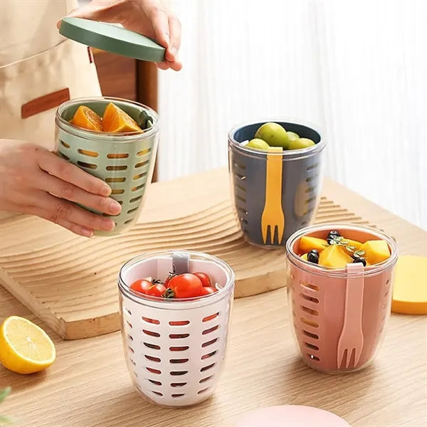 Portable Sealed Double Layer Outdoor Fruit Cup With Fork