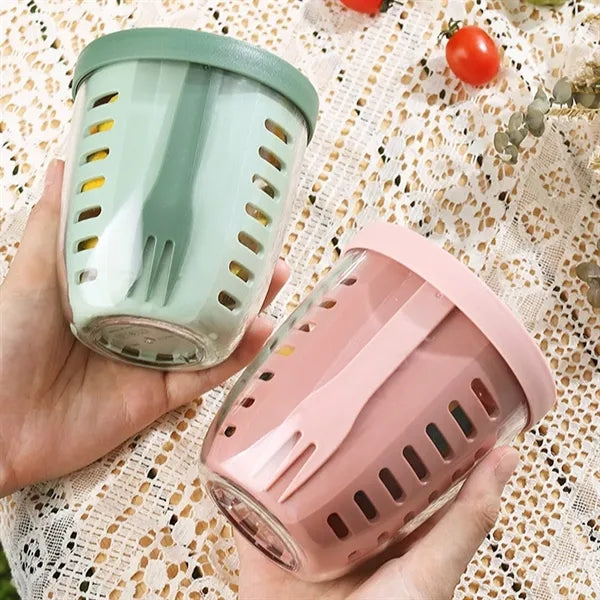 Portable Sealed Double Layer Outdoor Fruit Cup With Fork