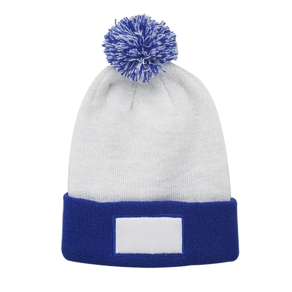 Dual Tone Patch Pompom Beanie