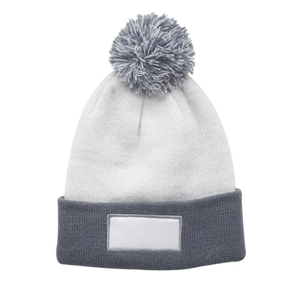 Dual Tone Patch Pompom Beanie