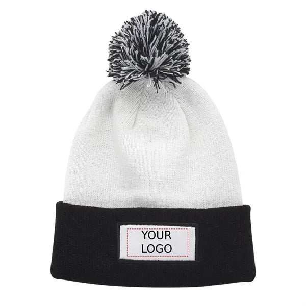 Dual Tone Patch Pompom Beanie