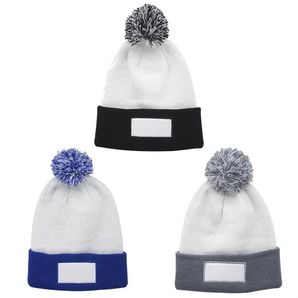 Dual Tone Patch Pompom Beanie
