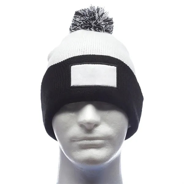 Dual Tone Patch Pompom Beanie