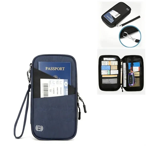 RFID Blocking Travel Passport Wallet with Zipper Wrist Strap