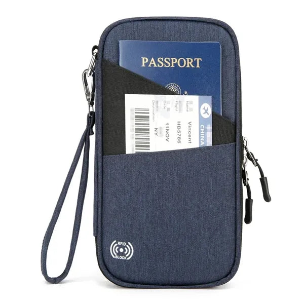 RFID Blocking Travel Passport Wallet with Zipper Wrist Strap