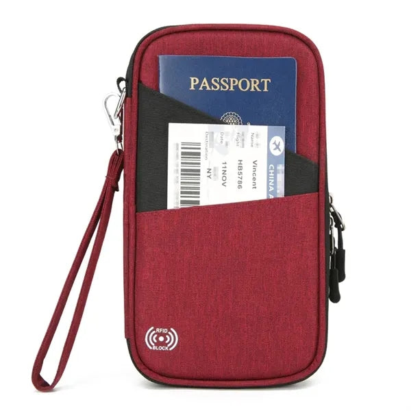 RFID Blocking Travel Passport Wallet with Zipper Wrist Strap