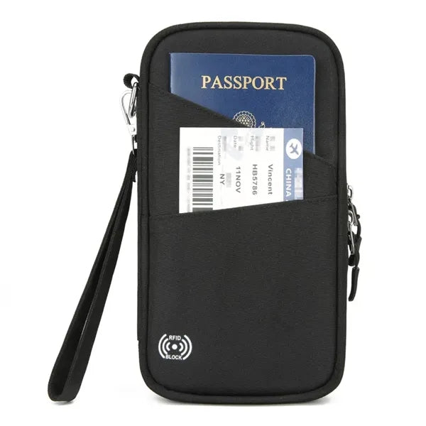RFID Blocking Travel Passport Wallet with Zipper Wrist Strap