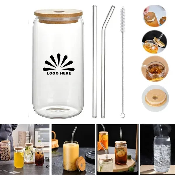 16 Oz Can Glass With Bamboo Lid and Straw/Straw Brush