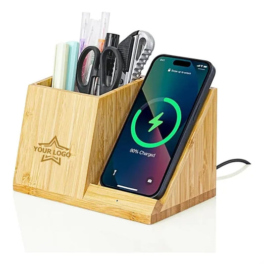 Bamboo Pen Holder Wireless Charger & Desk Organizer