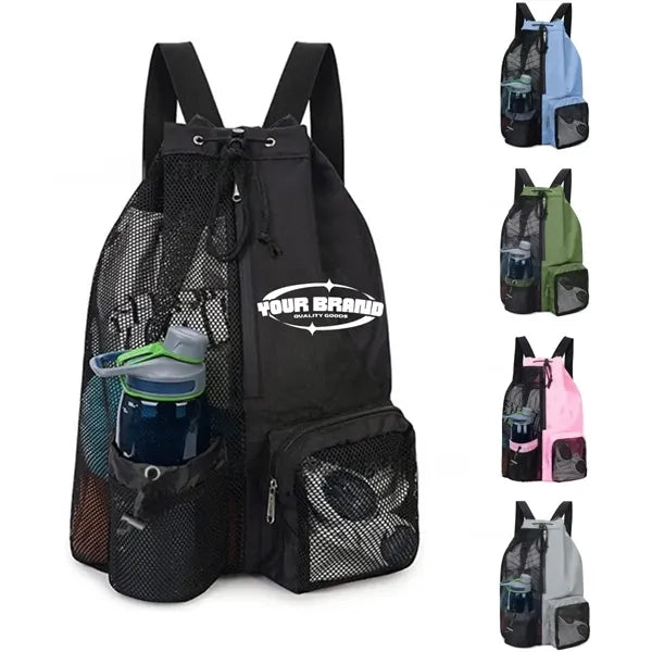 Mesh Drawstring Backpack With Pocket For Gym And Beach