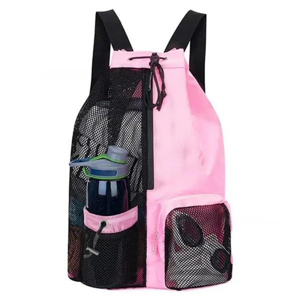 Mesh Drawstring Backpack With Pocket For Gym And Beach