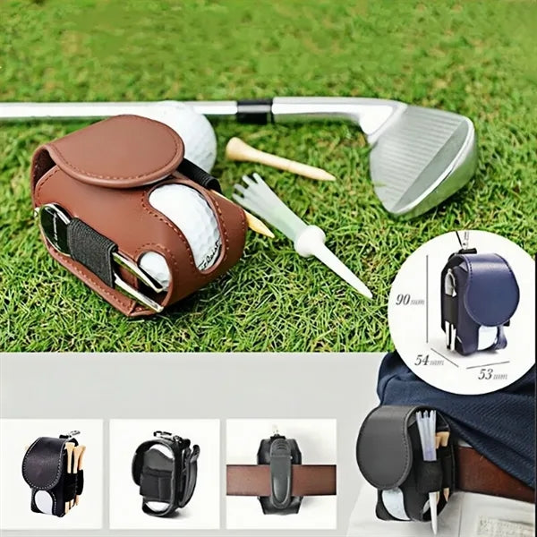 PU Leather Golf Ball Bag With Tee Organizer Carabiner Clip