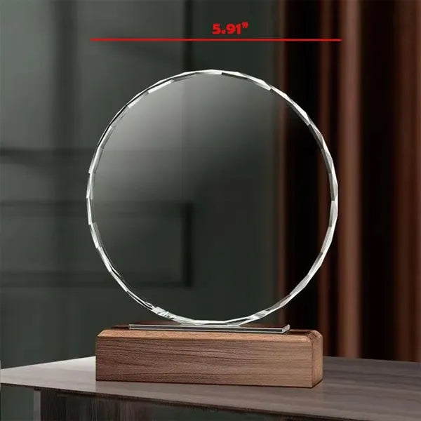 Classic Round Crystal Award Plaque With Solid Wood Base