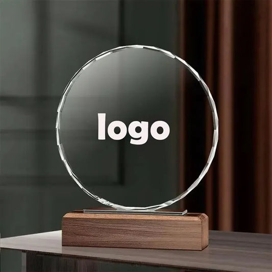 Classic Round Crystal Award Plaque With Solid Wood Base