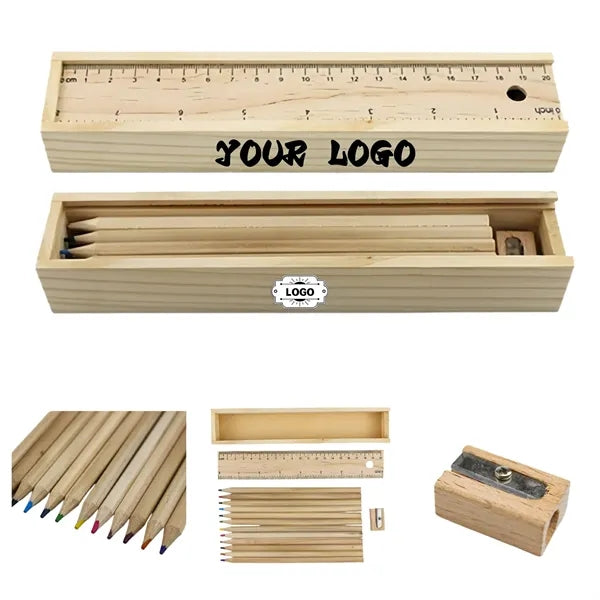 12-Piece Colored Pencil Wooden Set With Ruler & Pencil Sharp