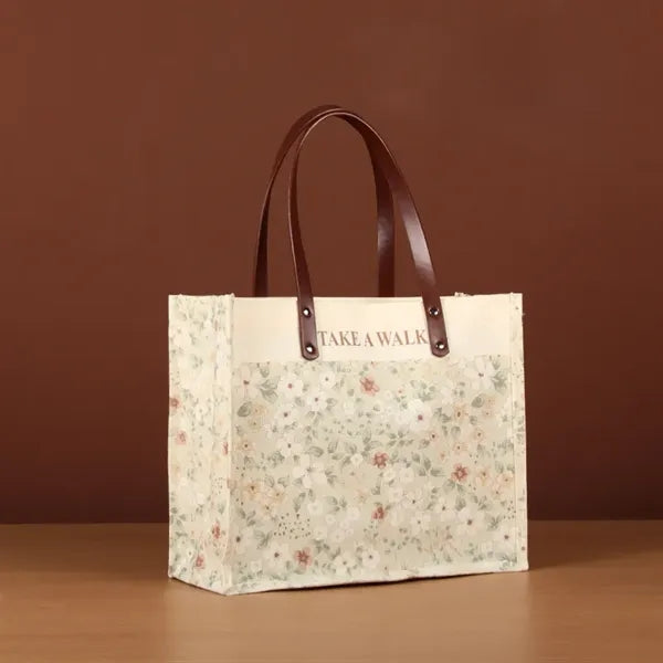 Full Color Canvas Tote Bag w/PU Leather Handle