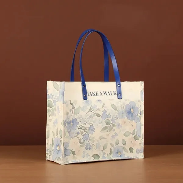 Full Color Canvas Tote Bag w/PU Leather Handle