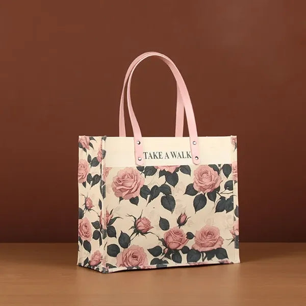 Full Color Canvas Tote Bag w/PU Leather Handle