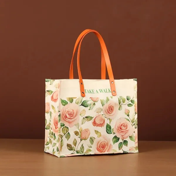 Full Color Canvas Tote Bag w/PU Leather Handle