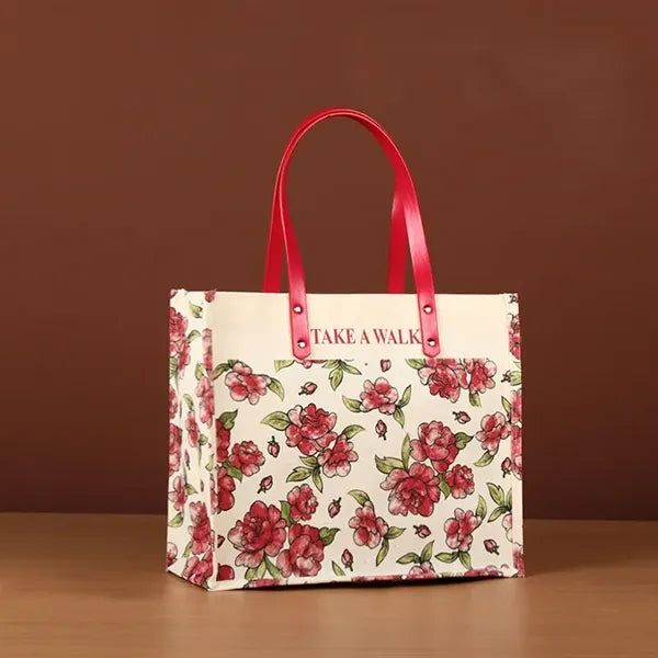 Full Color Canvas Tote Bag w/PU Leather Handle