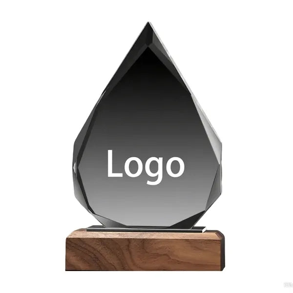 Distinctive Teardrop Crystal Walnut Base Award Trophy