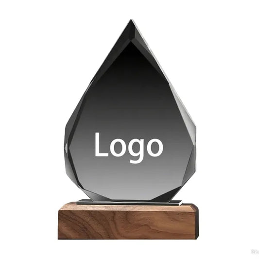 Distinctive Teardrop Crystal Walnut Base Award Trophy