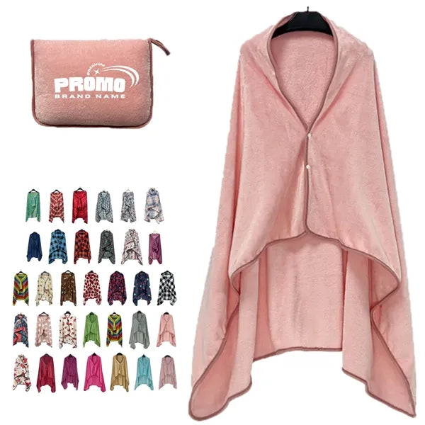 Wearable Coral Fleece Blanket with Button and Foldable Pouch