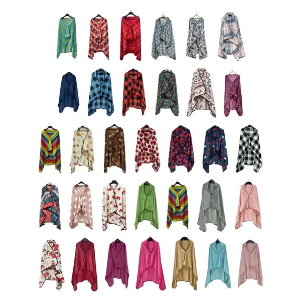 Wearable Coral Fleece Blanket with Button and Foldable Pouch