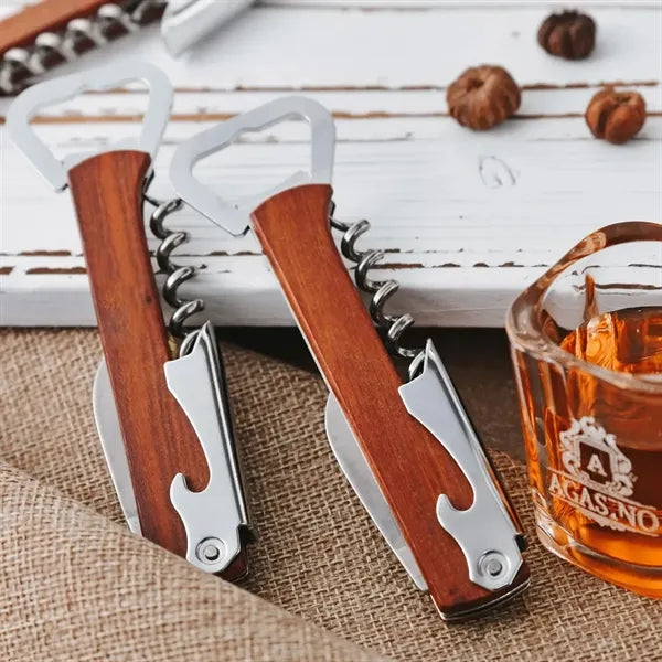 Wood Handle Multi Tool Corkscrew Bottle Opener with Logo