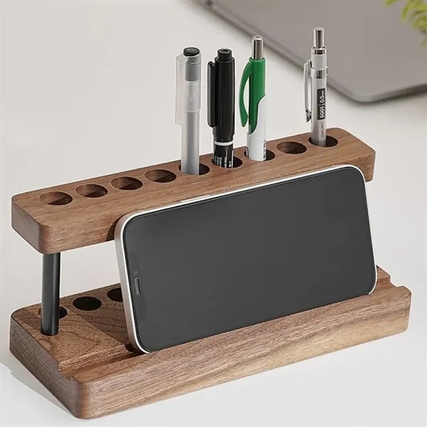 Wooden Desk Organizer with Pen Holder and Phone Stand