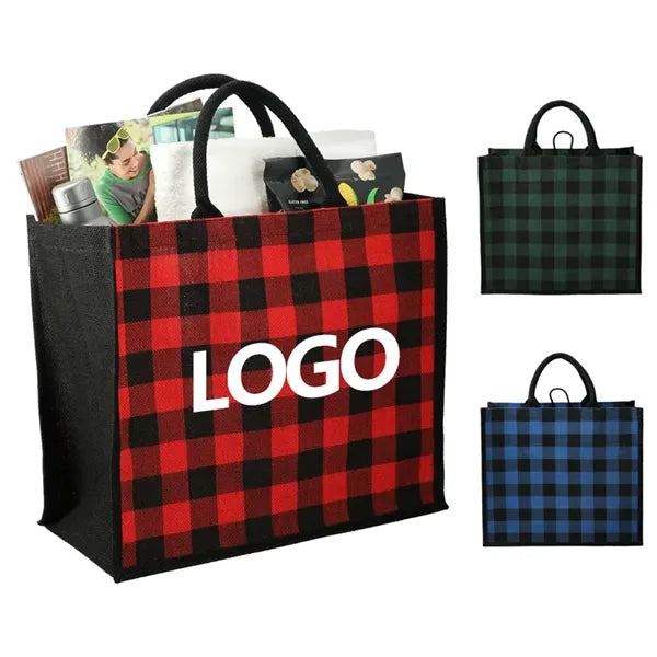 Plaid Printed Jute Tote