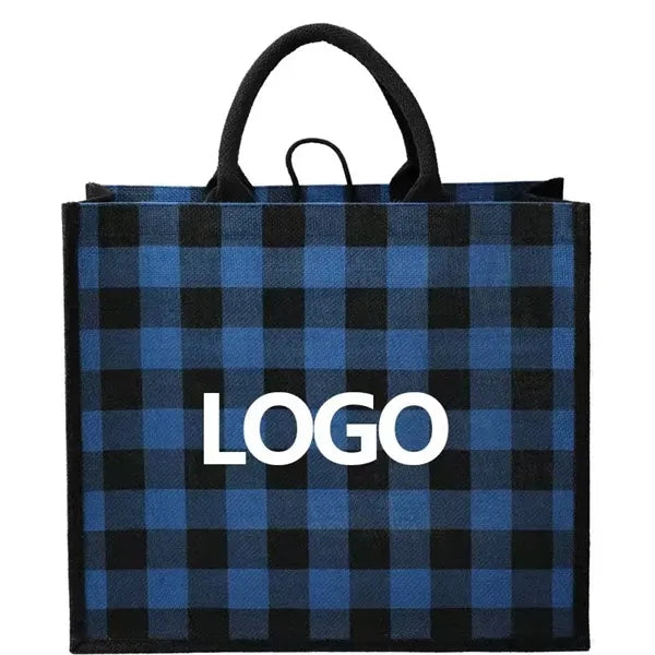 Plaid Printed Jute Tote