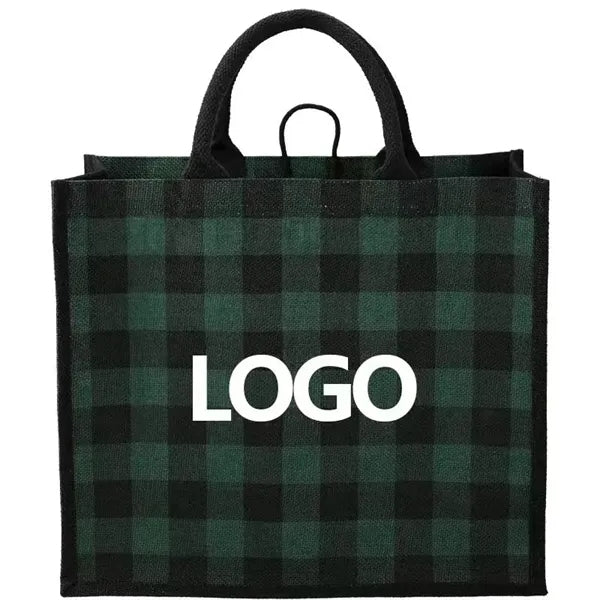Plaid Printed Jute Tote