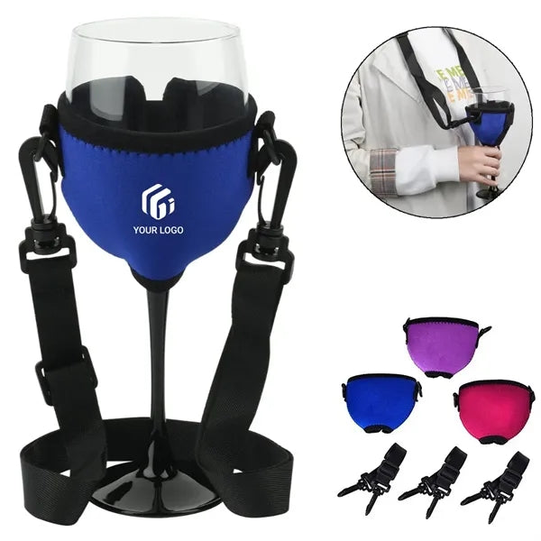 Adjustable neck strap wine glass insulated neoprene sleeve