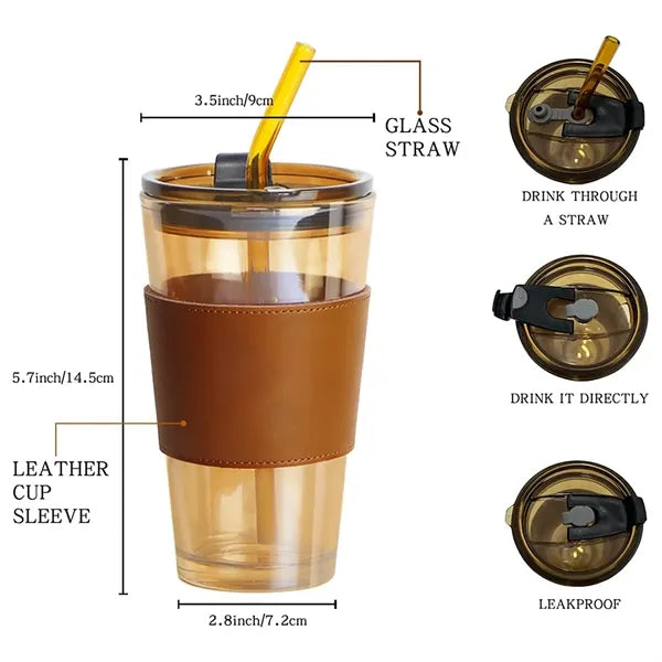 15 oz Glass Tumbler in a Leather Sleeve