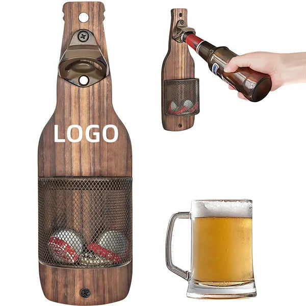 Wooden Wall Mounted Bottle Opener with Cap Catcher