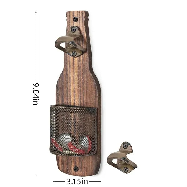 Wooden Wall Mounted Bottle Opener with Cap Catcher