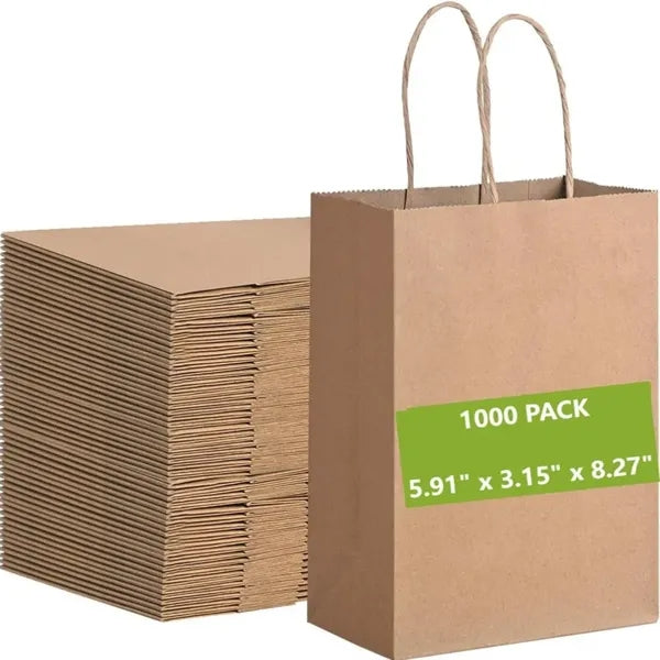 1000PCS, 5.91" x 3.15" x 8.27" Brown Kraft Bag With Handles