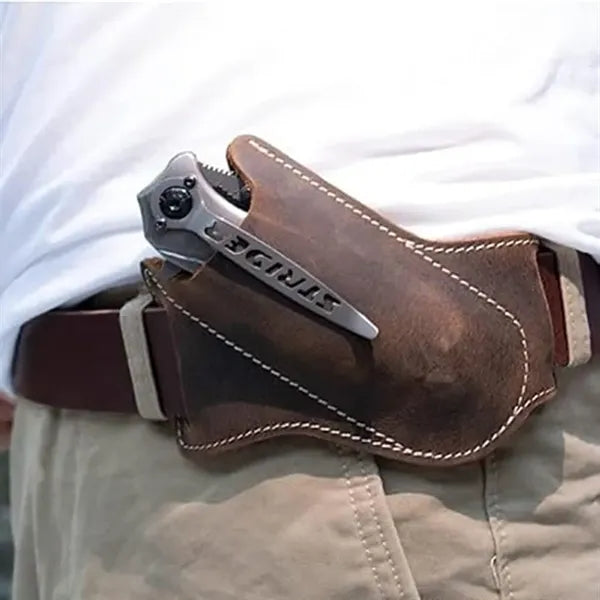 Leather Belt Folding Knife Sheath, Compact Draw Holster