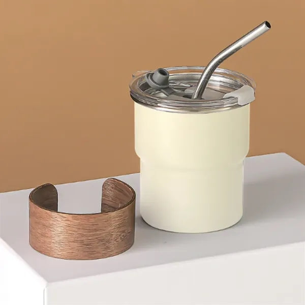 Stainless Steel 10oz Coffee Mugs with Lid, Wooden Sleeve