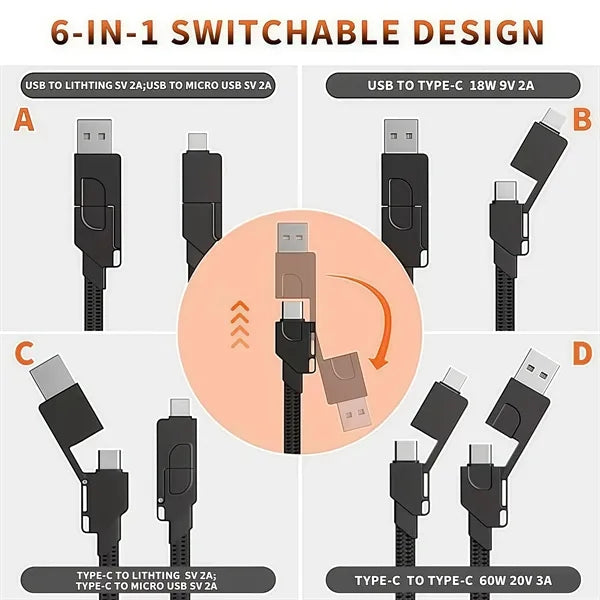 60W 6 in 1 Charging Cable for Travel Portable Keyring