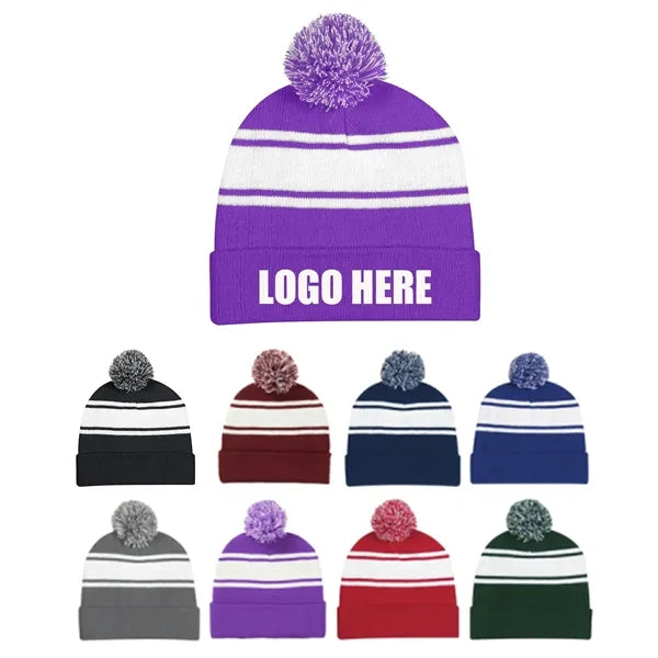 Two-Tone Knit Pom Beanie With Cuff