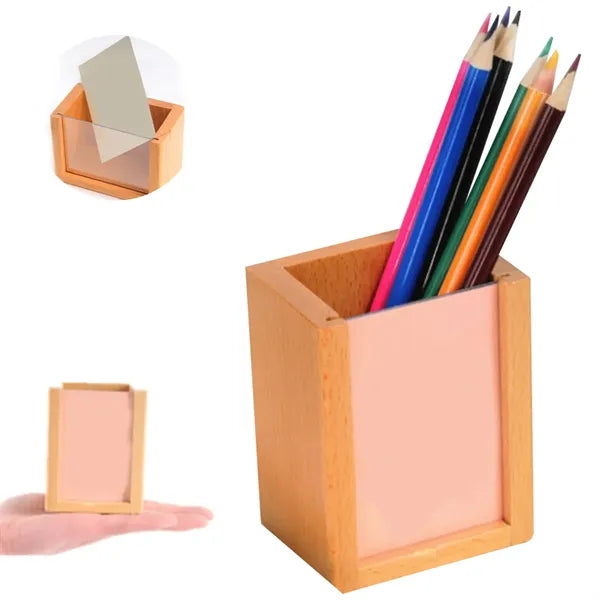 Bamboo Wood Photo Frame Pen Holder Desk Organizer