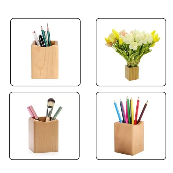 Bamboo Wood Photo Frame Pen Holder Desk Organizer